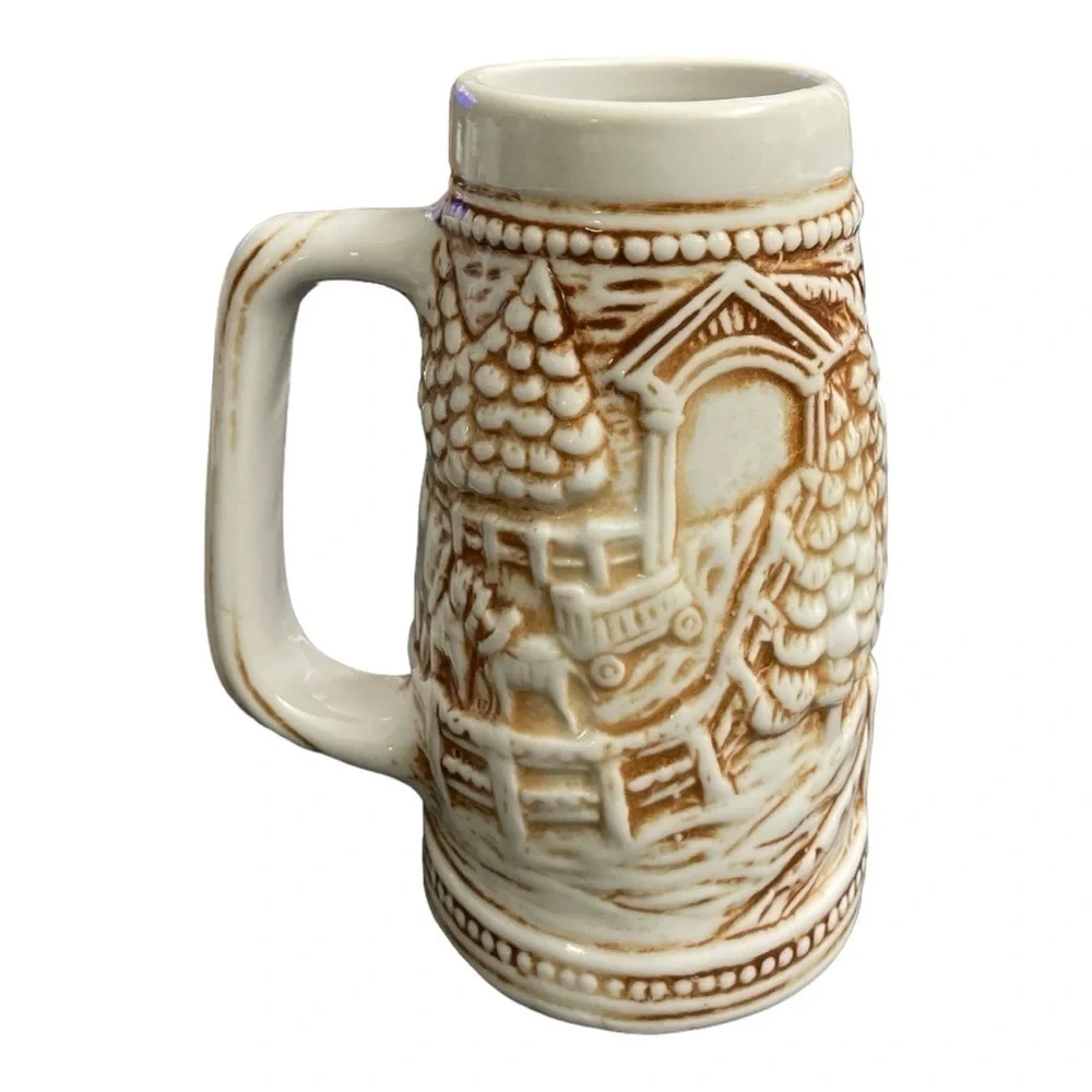 CERAMIC BROWN AND WHITE STEIN #1315 EMBOSSED WINTER SCENE WITH CLYDESDALE HORSES